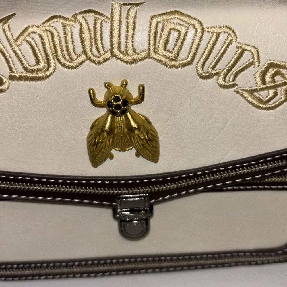 “FABULOUS”BEE BAG BROWN/WHITE VEGAN LEATHER CROSSBODY  DARK NICKEL TONED CHAIN
